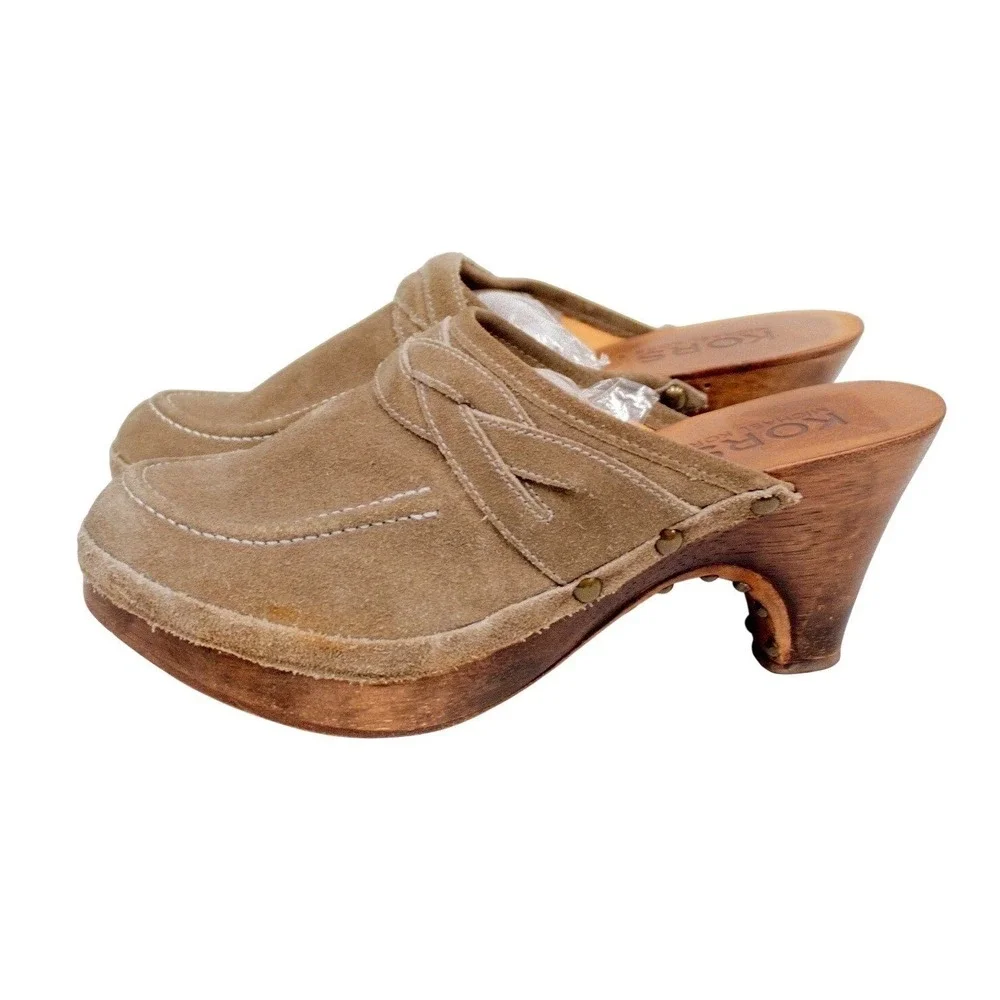 KORS Michael Kors Brown‎ Suede Mules/ Clogs Studs Wooden Heels Women's Size 7 M
